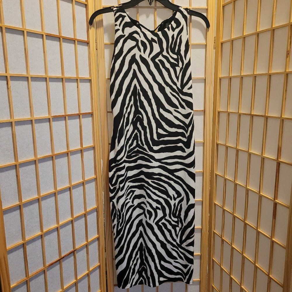 White House Black Womens Animal Striped Tie Neck Stretch Dress Sz S NWOT